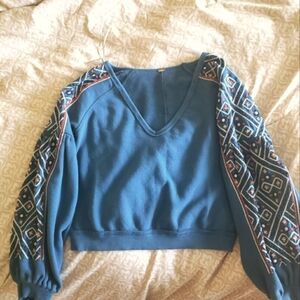Free People Senorita Embroidered Sleeve Cropped Sweatshirt